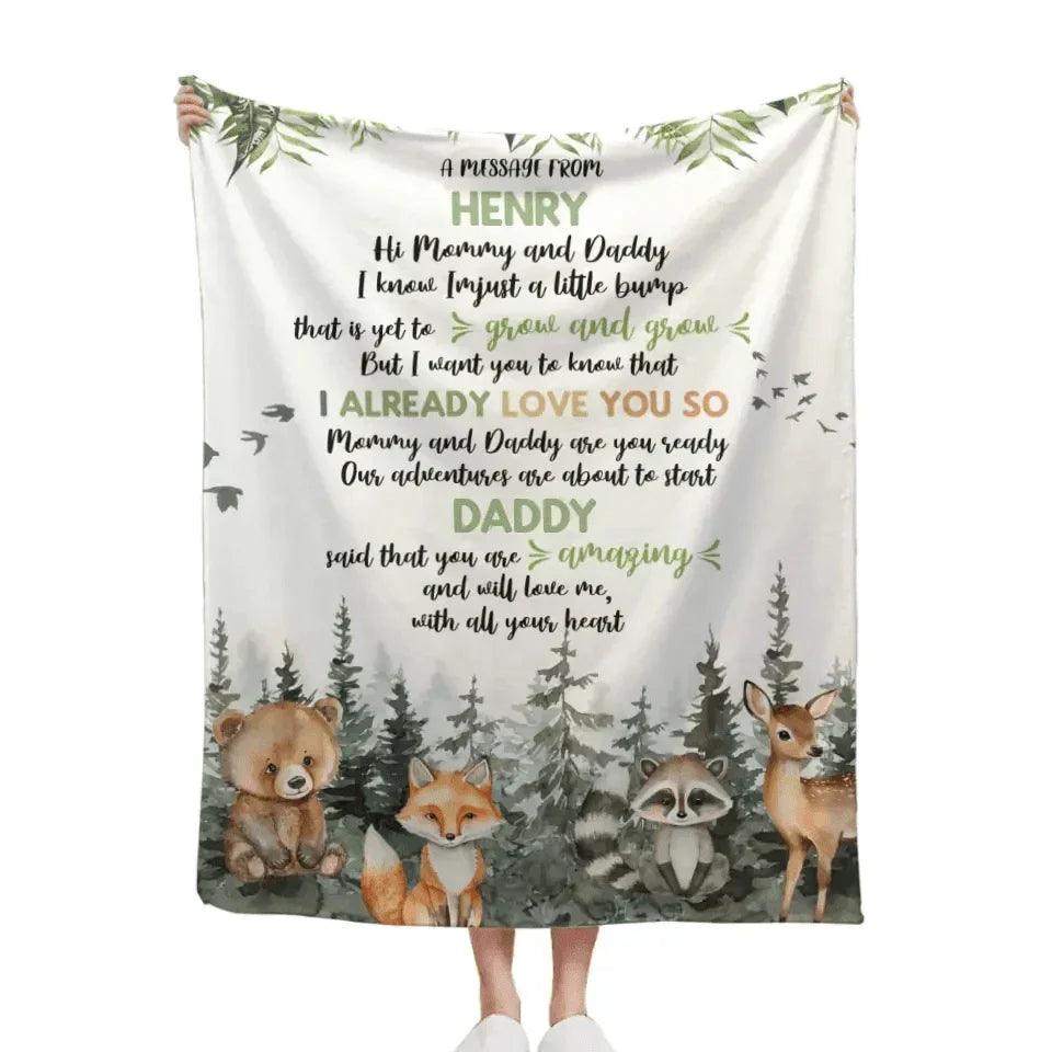 Personalized Bear Raccoon Fox Deer Four Animals Woodland Theme Gift Blanket- Mommy And Daddy - Joliny