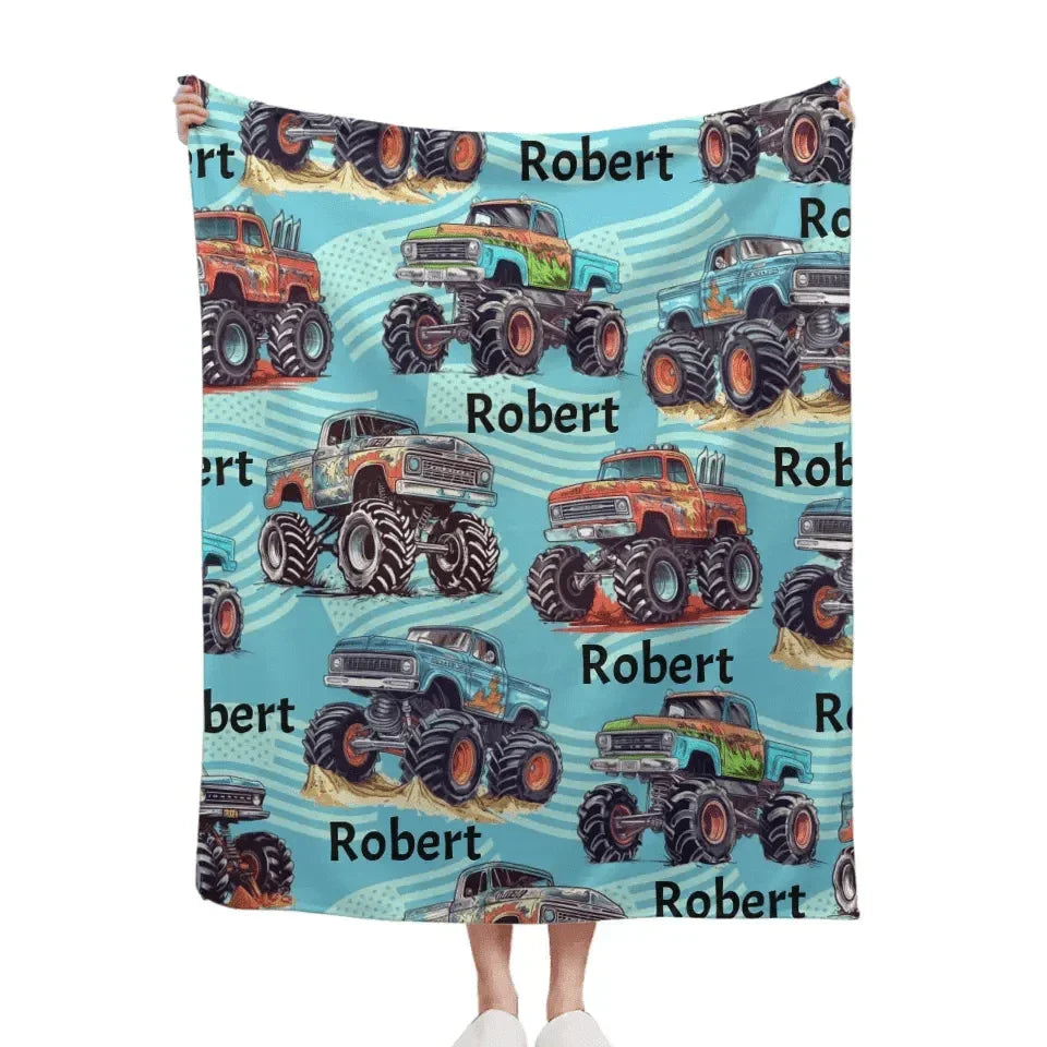 Personalized Big Gear Wheels Truck Car Blanket with Name for Boy Girl - Joliny
