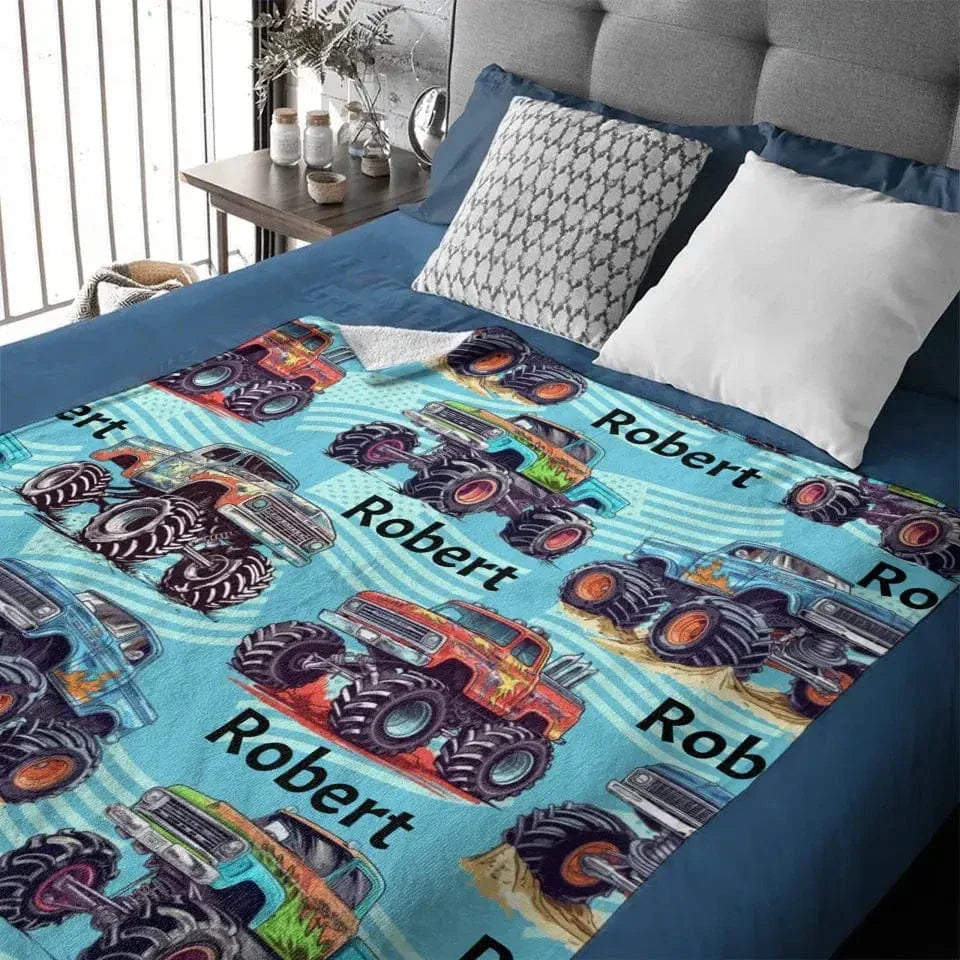 Personalized Big Gear Wheels Truck Car Blanket with Name for Boy Girl - Joliny