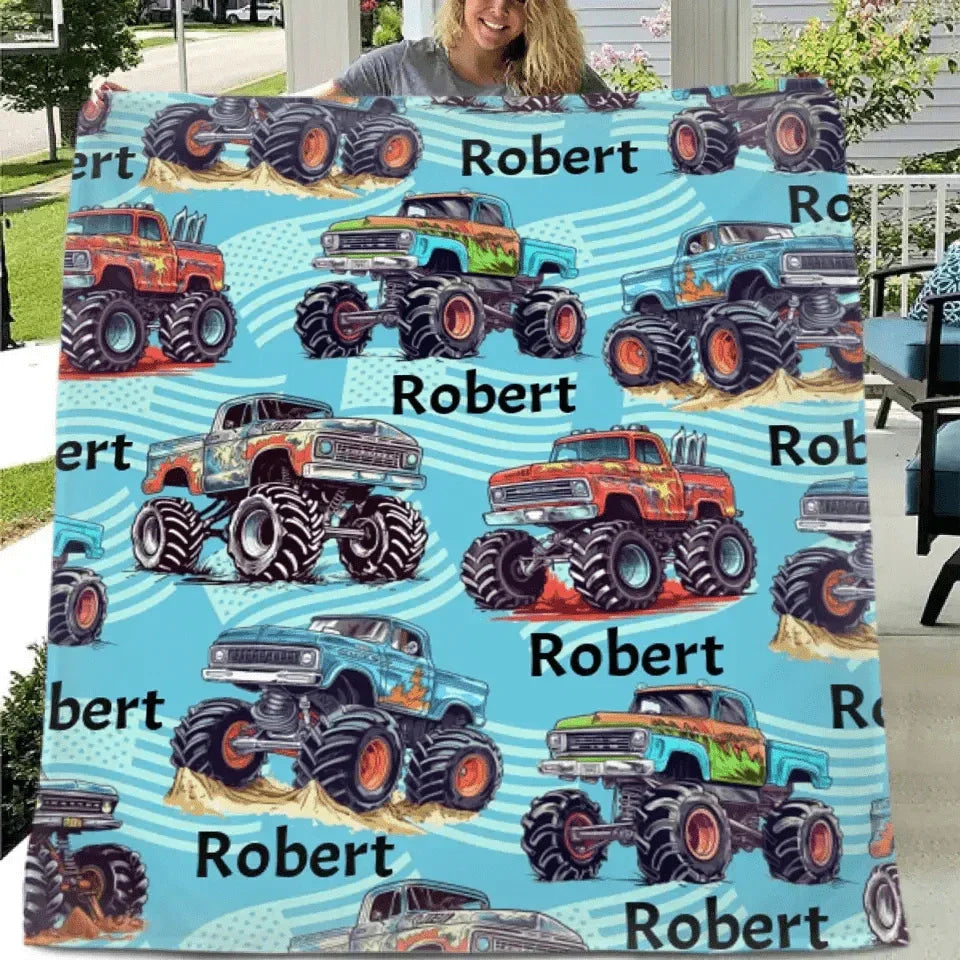 Personalized Big Gear Wheels Truck Car Blanket with Name for Boy Girl - Joliny