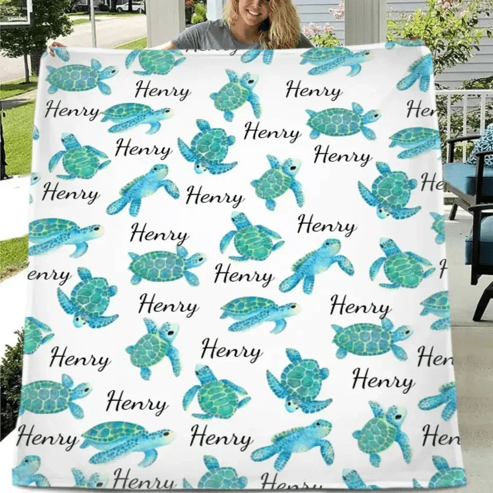 Personalized Blanket with Turtle, Custom Baby Name Blanket for Girl Boy - Joliny