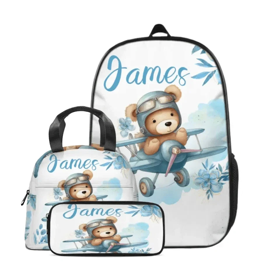 Personalized Blue Airplane Bear Name Backpack Children's School Season Gift - Joliny