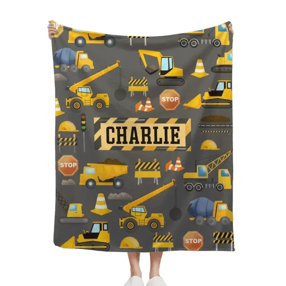 Personalized Builder Plush Baby Blanket Gift for Boys, Custom Truck Name Blanket - Joliny