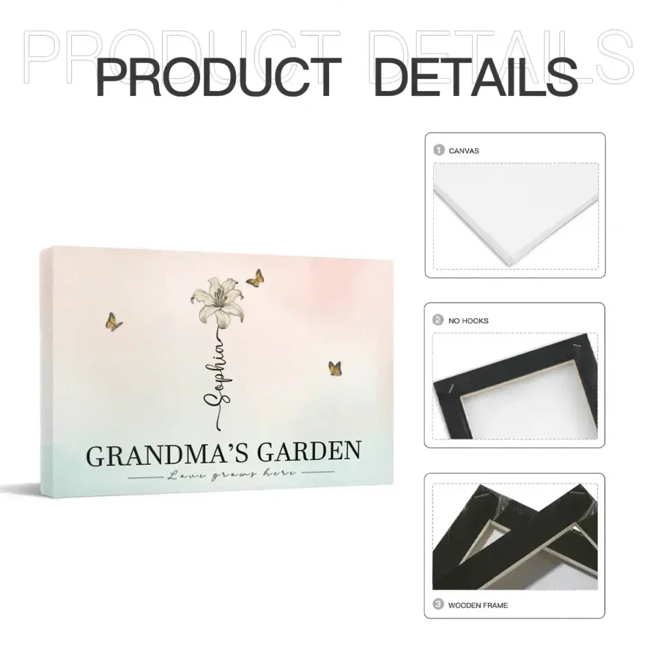 Personalized Canvas Wall Art - Grandma‘s Garden Love Grows Here, Beautiful Birth Month Flower Gift For Grandma Mom - Joliny