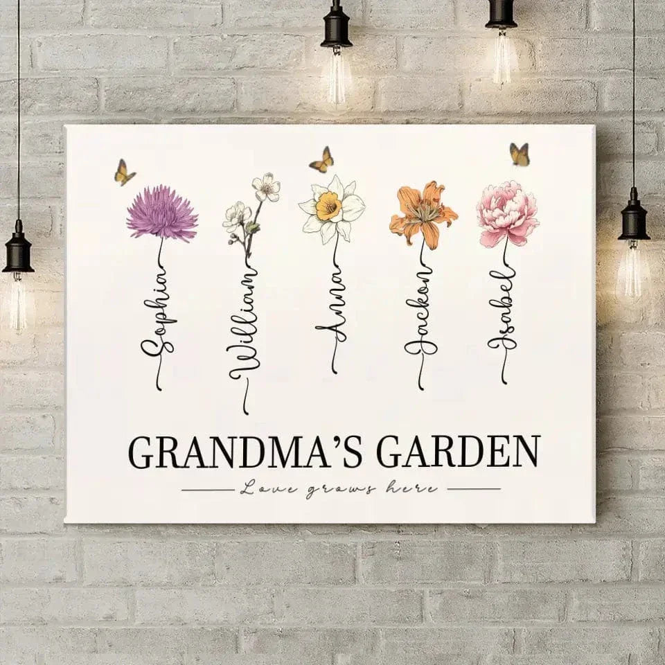 Personalized Canvas Wall Art - Grandma‘s Garden Love Grows Here, Beautiful Birth Month Flower Gift For Grandma Mom - Joliny