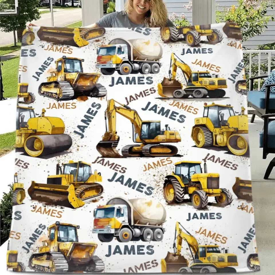Personalized Construction Truck Blanket, Custom Kids Blanket With Name - Joliny