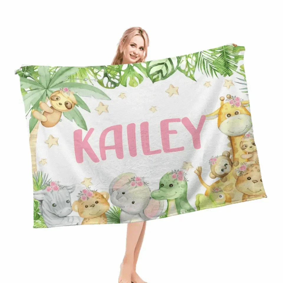 Personalized Custom Baby Name Blanket Gift, Jungle Nursery Decor, Toddler Birthday Gift, Monkey Elephant Giraffe Blanket - Joliny