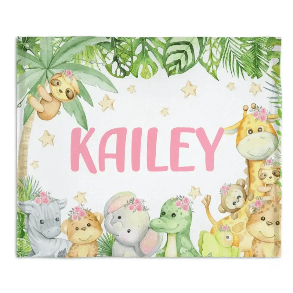 Personalized Custom Baby Name Blanket Gift, Jungle Nursery Decor, Toddler Birthday Gift, Monkey Elephant Giraffe Blanket - Joliny