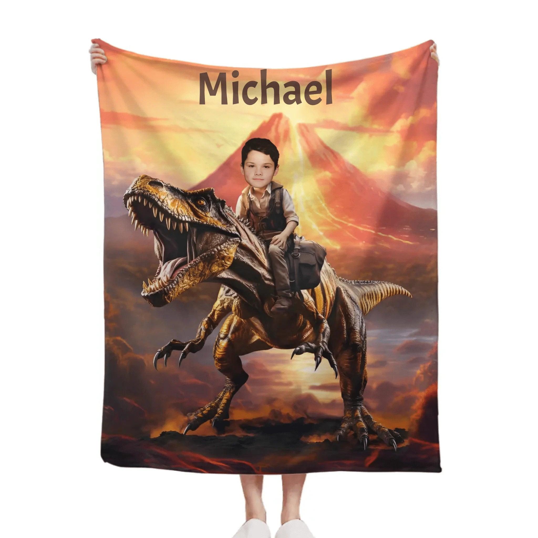Personalized Custom Dinosaur Blanket For Kids, Child Riding T-Rex Dinosaur, Dinosaur Photo Gifts For Him Son Boyfriend - Joliny