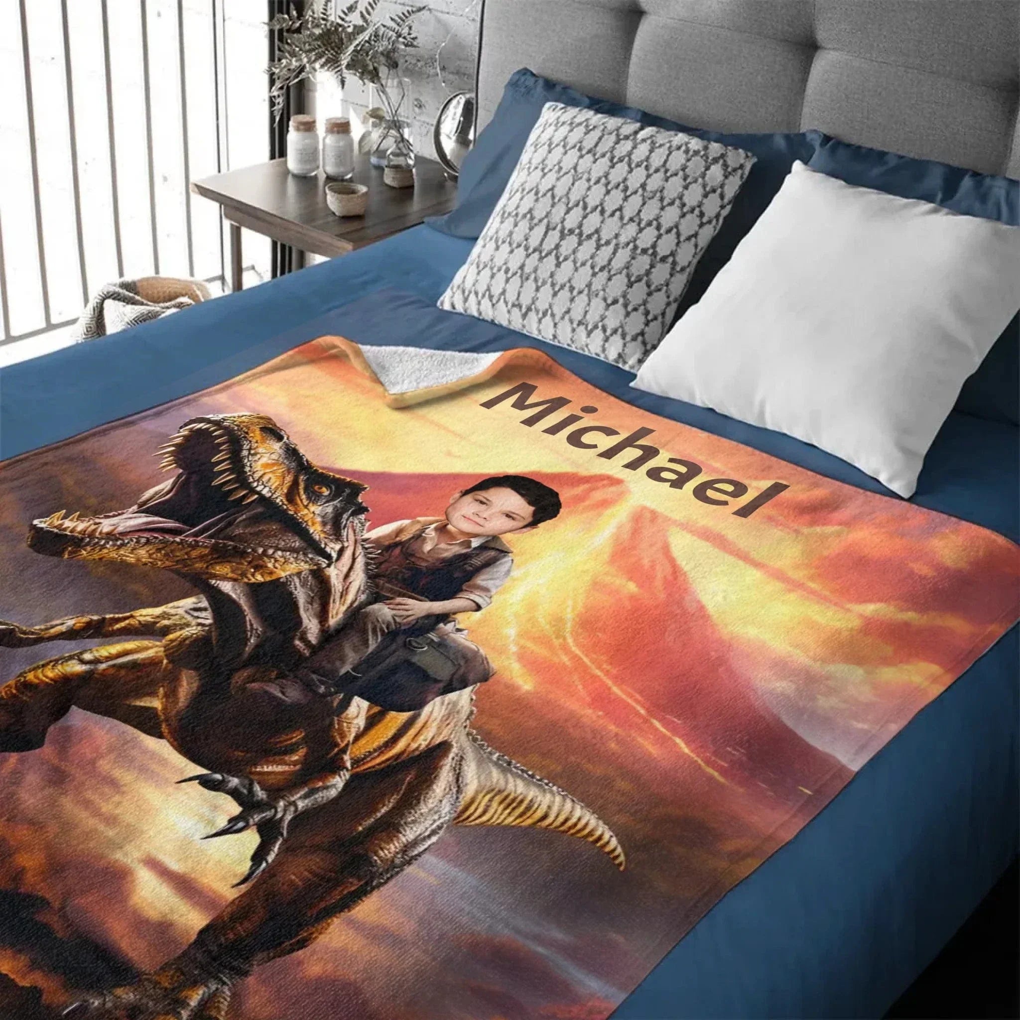 Personalized Custom Dinosaur Blanket For Kids, Child Riding T-Rex Dinosaur, Dinosaur Photo Gifts For Him Son Boyfriend - Joliny