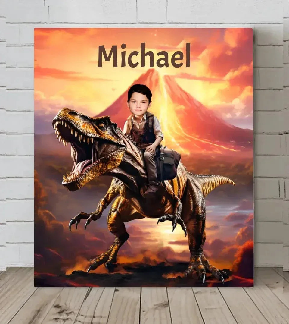 Personalized Custom Dinosaur Canvas Wall Art - Child Riding T-Rex Dinosaur, Gifts For Grandson/Son/Dinosaur Lover - Joliny