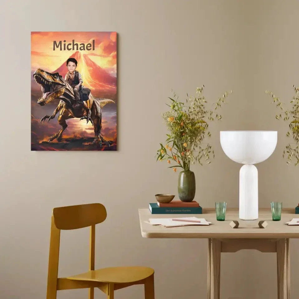 Personalized Custom Dinosaur Canvas Wall Art - Child Riding T-Rex Dinosaur, Gifts For Grandson/Son/Dinosaur Lover - Joliny