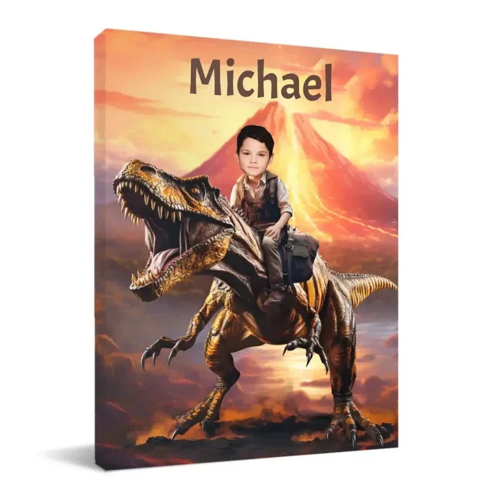 Personalized Custom Dinosaur Canvas Wall Art - Child Riding T-Rex Dinosaur, Gifts For Grandson/Son/Dinosaur Lover - Joliny