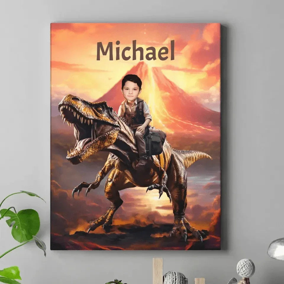 Personalized Custom Dinosaur Canvas Wall Art - Child Riding T-Rex Dinosaur, Gifts For Grandson/Son/Dinosaur Lover - Joliny