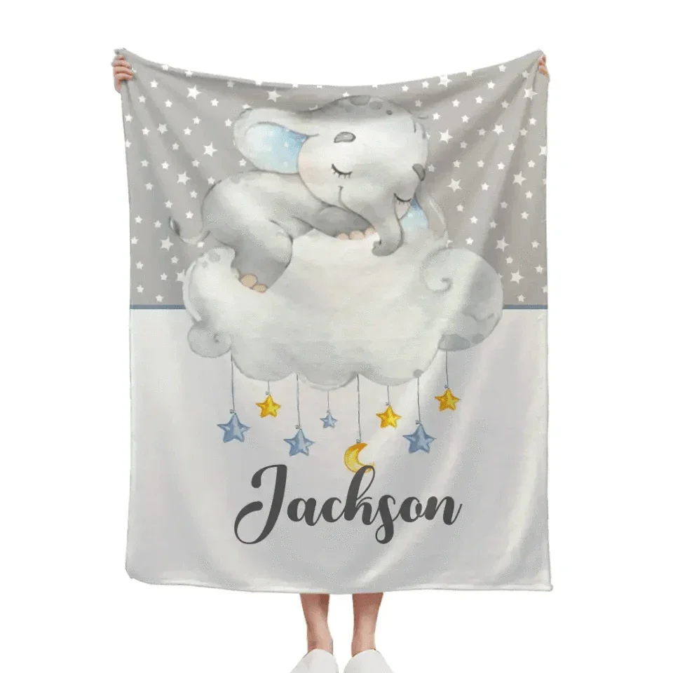 Personalized Custom Name Baby Blankets - Newborn Elephants Flush Fleece - Joliny