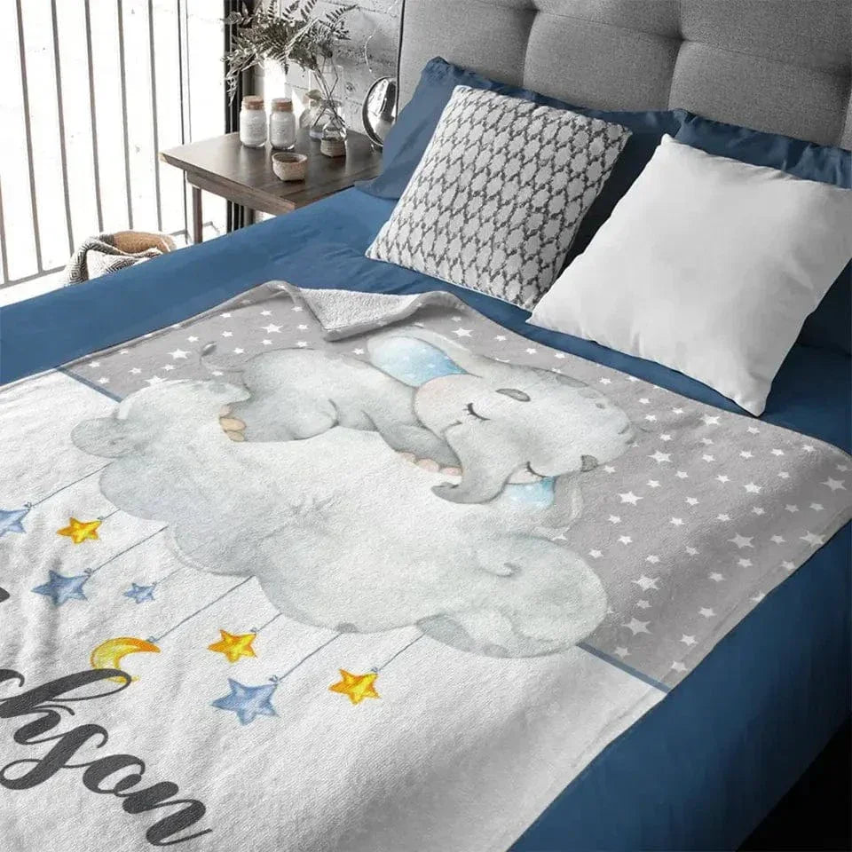 Personalized Custom Name Baby Blankets - Newborn Elephants Flush Fleece - Joliny