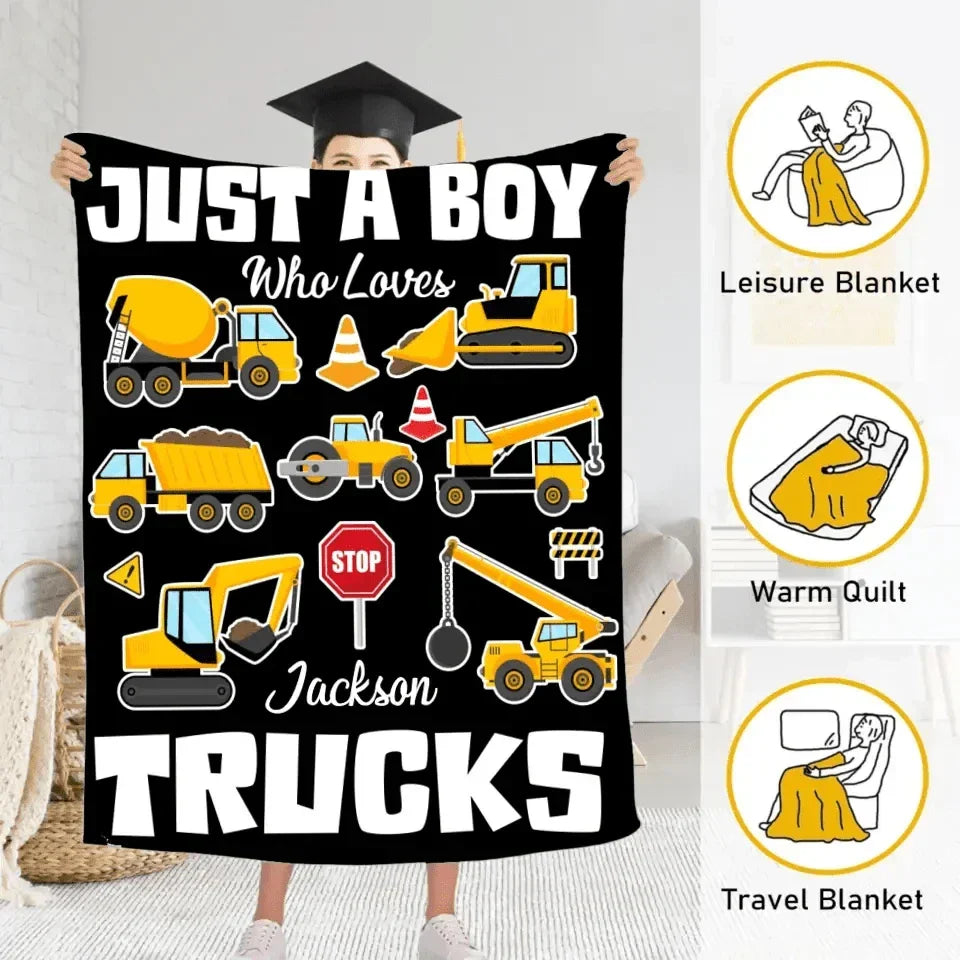 Personalized Custom Name Blanket - Fits Boys Truck Digger - Joliny