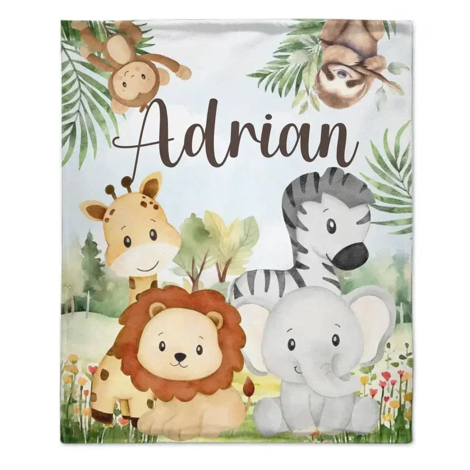 Personalized Custom Name Blanket - Jungle Greenery Leaves Forest Safari Animals - Joliny