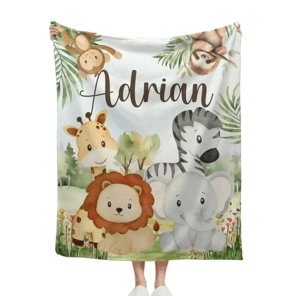 Personalized Custom Name Blanket - Jungle Greenery Leaves Forest Safari Animals - Joliny