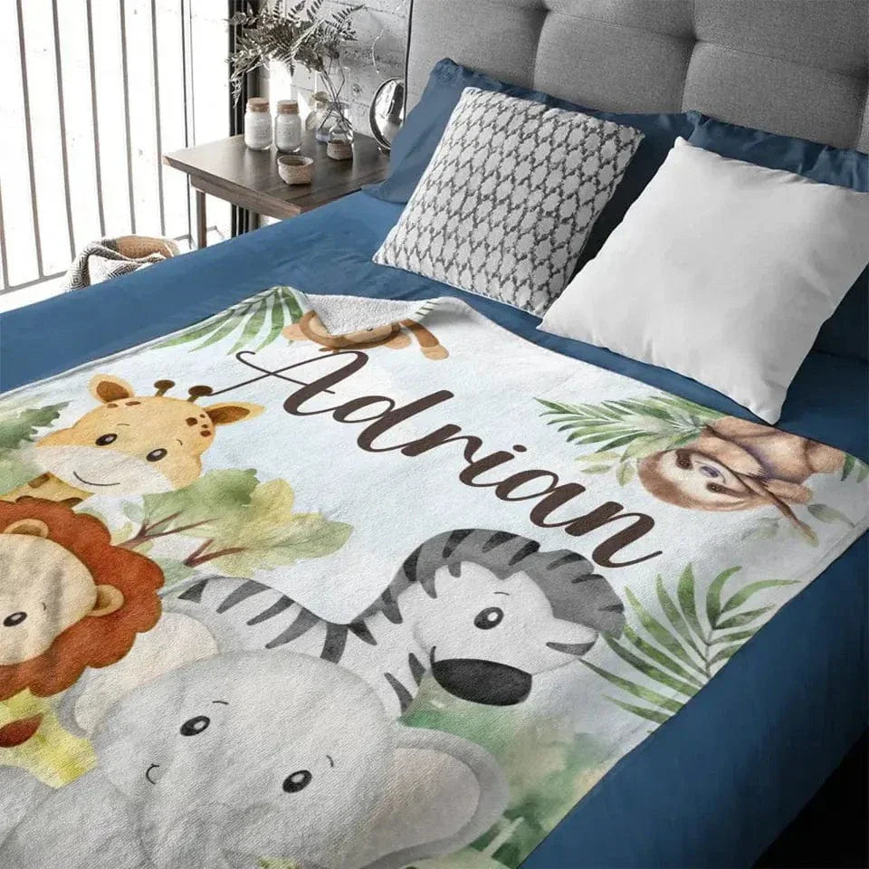 Personalized Custom Name Blanket - Jungle Greenery Leaves Forest Safari Animals - Joliny