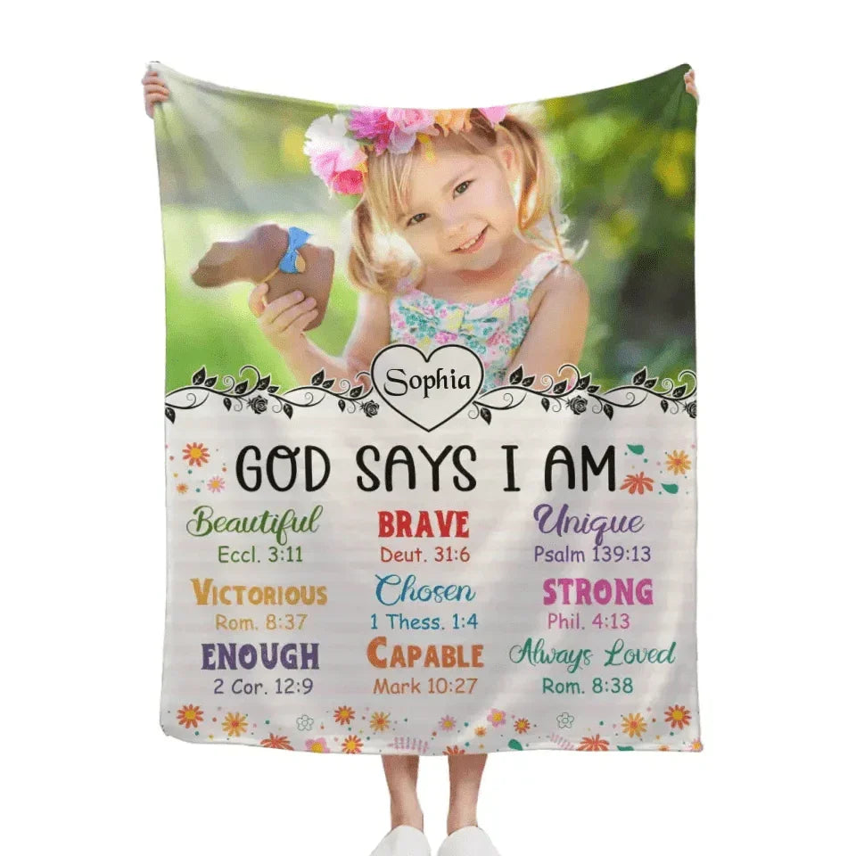Personalized Custom Photo Blanket, Inspiring Gift For Granddaughter, God Says I Am - Joliny
