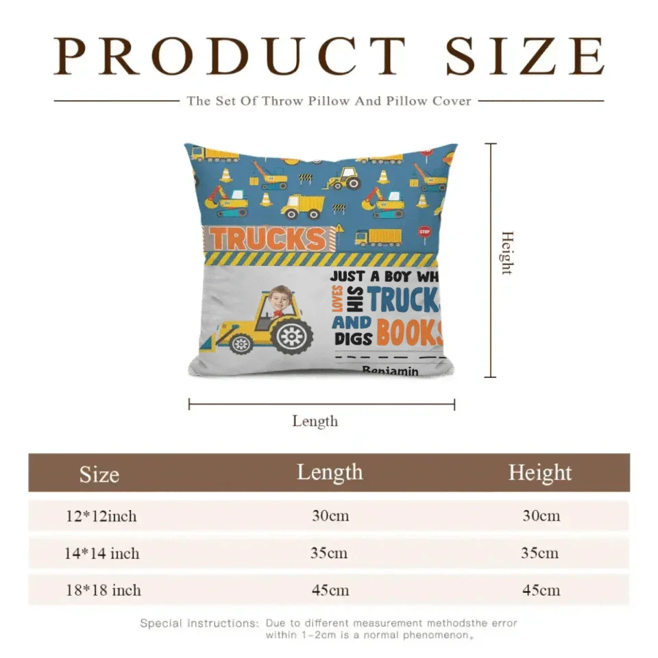 Personalized Custom Photo Pillow - Boy Loves Trucks And Digs Books - Joliny