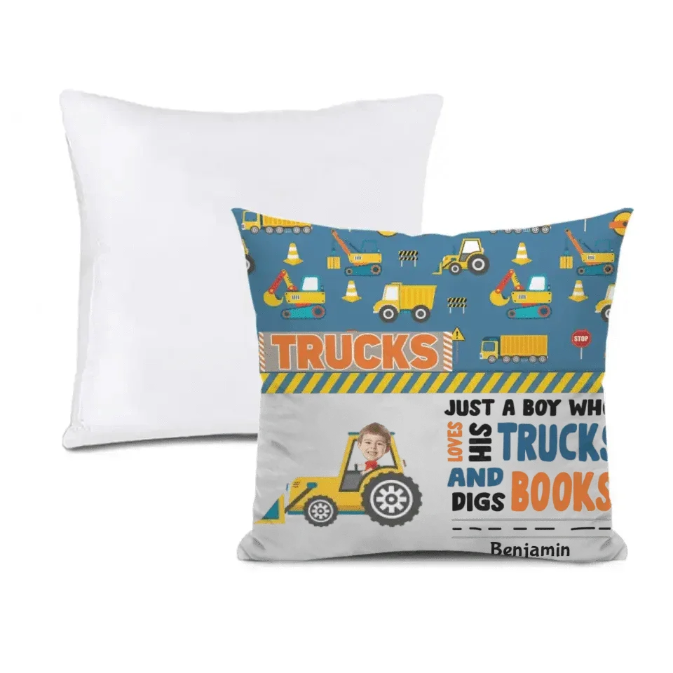 Personalized Custom Photo Pillow - Boy Loves Trucks And Digs Books - Joliny