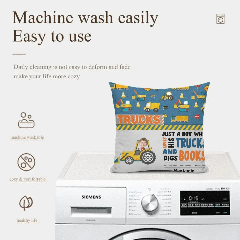 Personalized Custom Photo Pillow - Boy Loves Trucks And Digs Books - Joliny