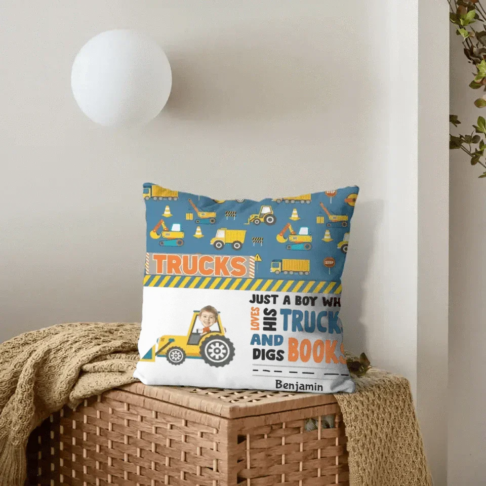 Personalized Custom Photo Pillow - Boy Loves Trucks And Digs Books - Joliny