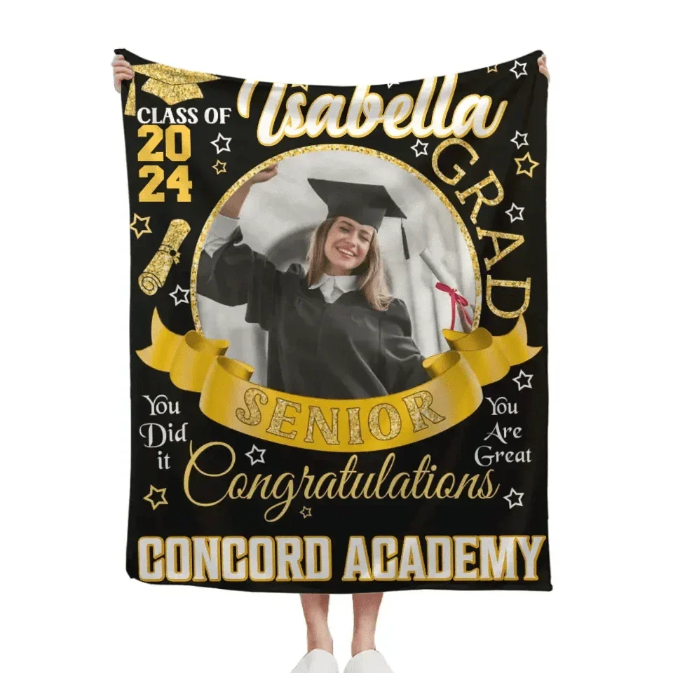 Personalized Custom Class of 2024 Graduation Blankets - Ribbon Customized Name Photo - High School College Senior Graduation Gifts - Joliny