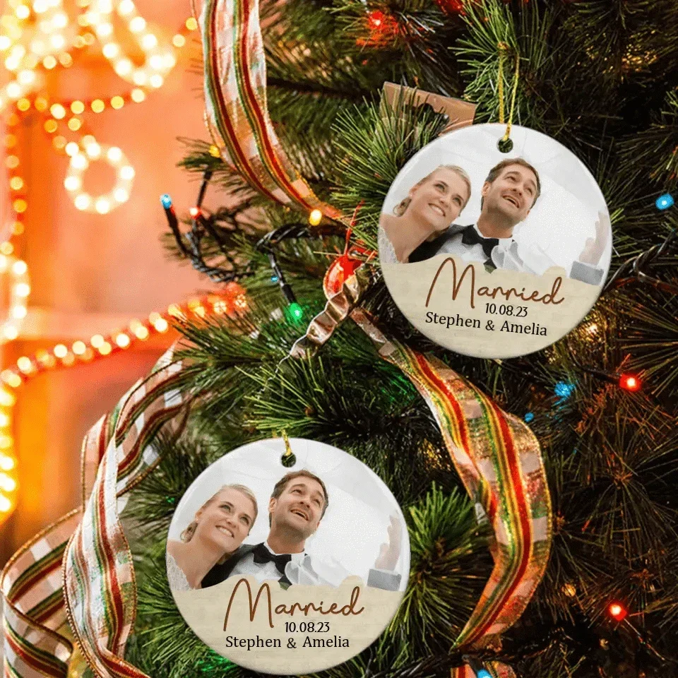 Personalized Custom Round Shaped Ceramic Photo Christmas Ornament - Gift For Couple, Husband Wife, Anniversary, Wedding, Marriage Gift, Christmas Gift - Joliny