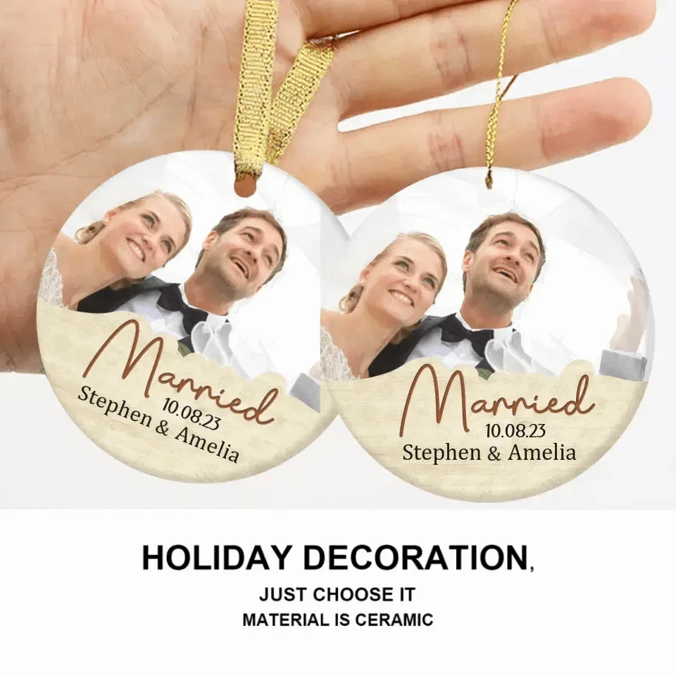 Personalized Custom Round Shaped Ceramic Photo Christmas Ornament - Gift For Couple, Husband Wife, Anniversary, Wedding, Marriage Gift, Christmas Gift - Joliny