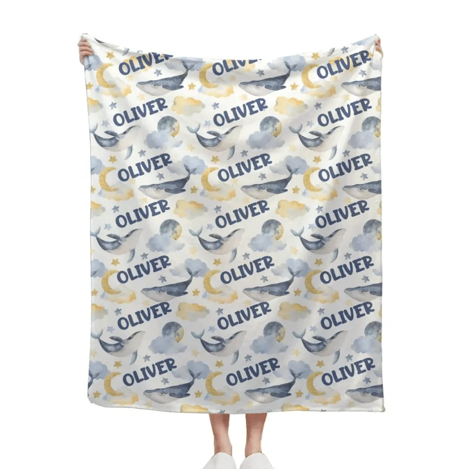 Joliny Customizer Personalized Custom Whales Boy, Girl Soft Name Blanket - Sea Creatures Kids Name Blanket