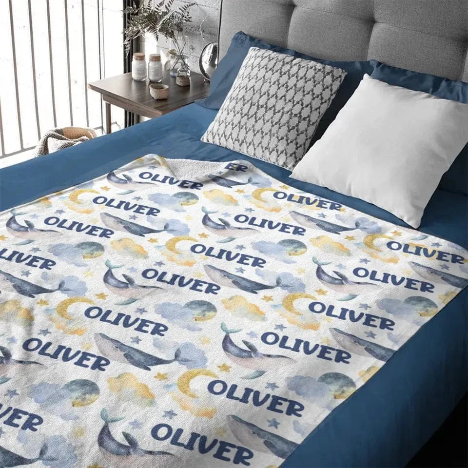 Joliny Customizer Personalized Custom Whales Boy, Girl Soft Name Blanket - Sea Creatures Kids Name Blanket