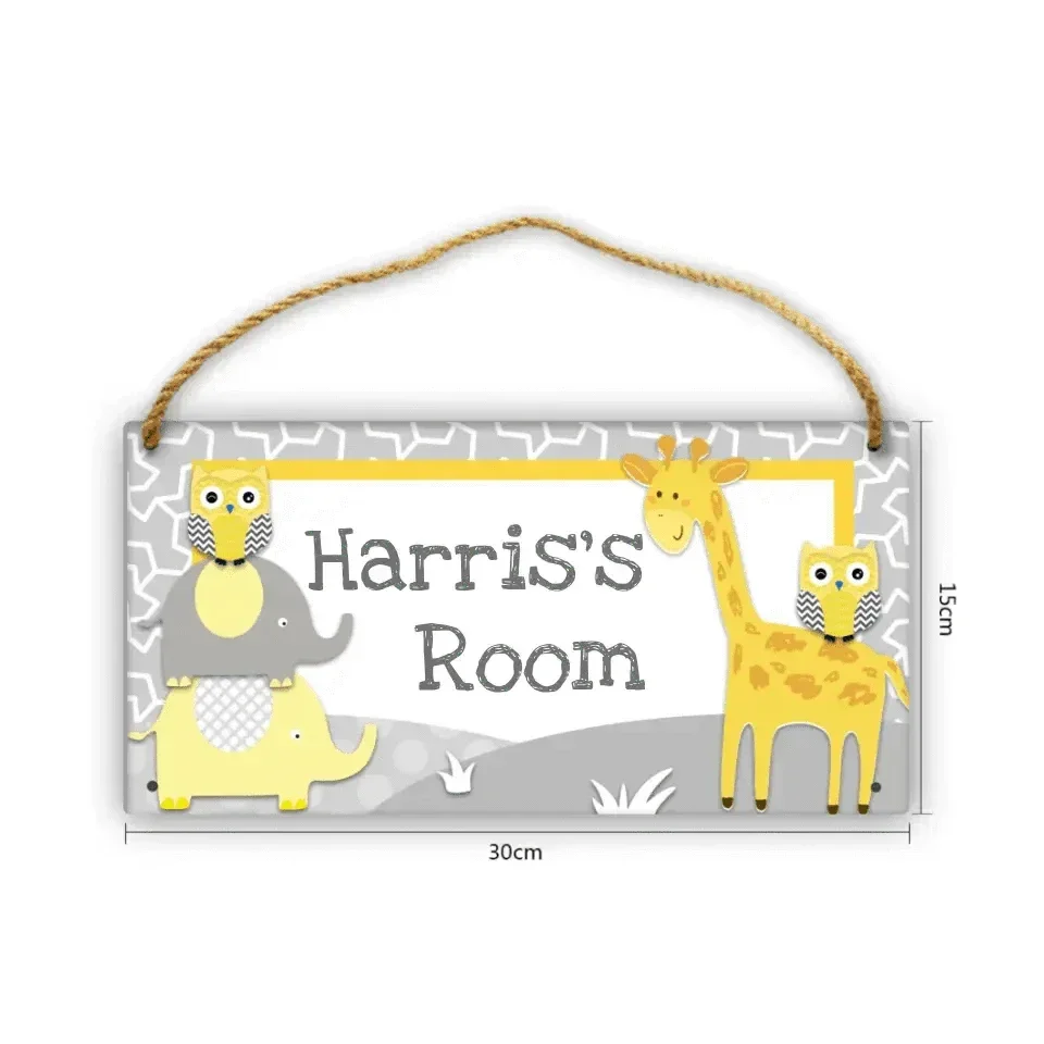 Personalized Grey Name Door Sign - Animal Jungle Forest Giraffe Owl Elephant - Joliny