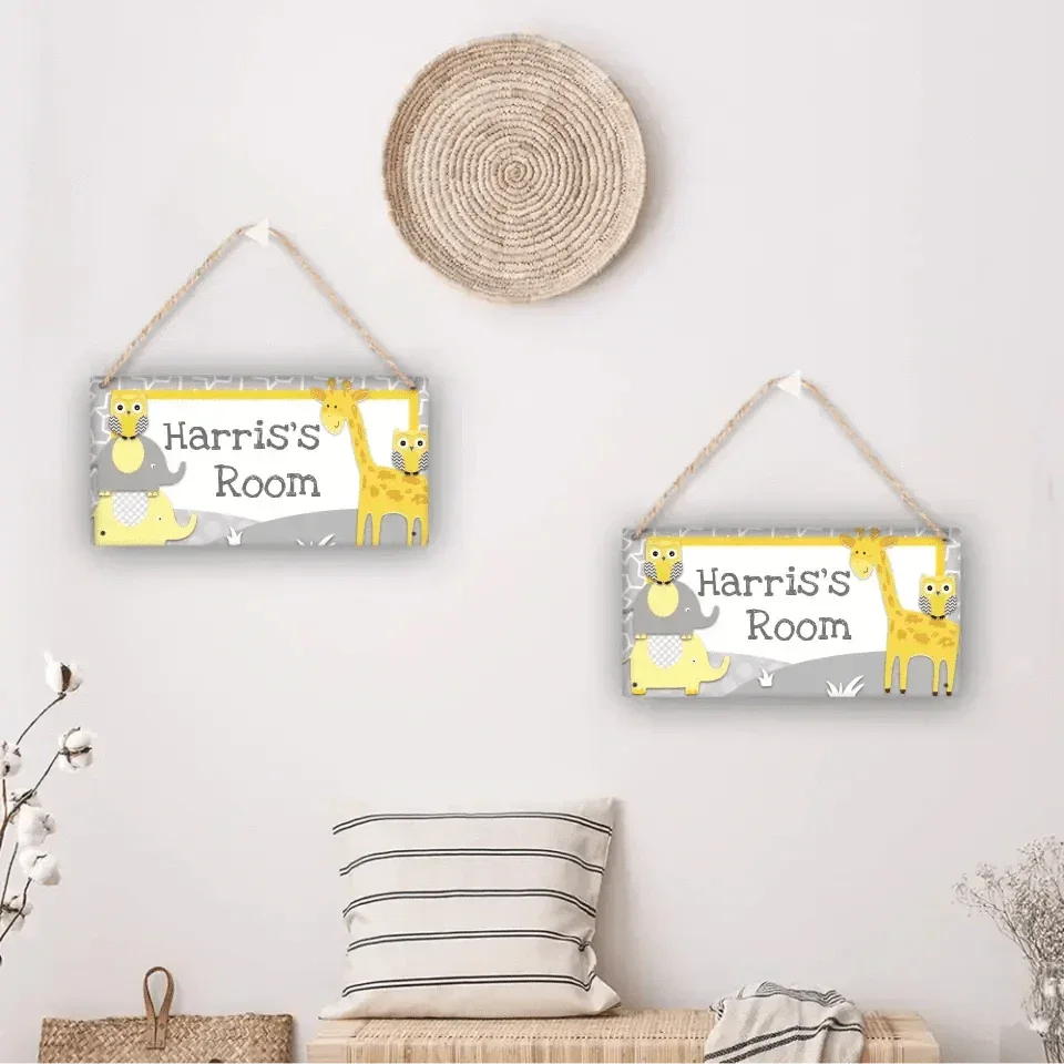 Personalized Grey Name Door Sign - Animal Jungle Forest Giraffe Owl Elephant - Joliny