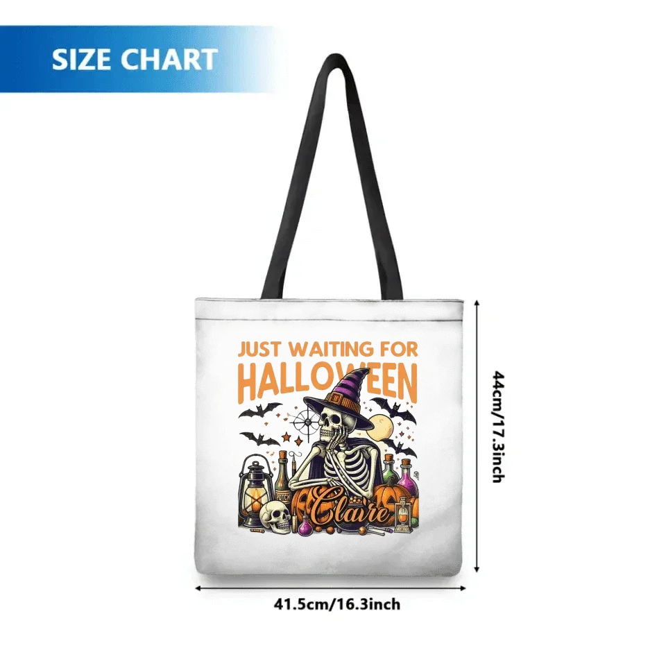 Personalized Just Waiting For Halloween Pumpkin Skull Reusable Canvas Tote Bag with Name Halloween Gift for Friend Family - Joliny