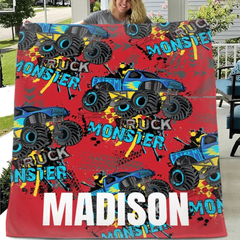 Personalized Monster Truck Name Custom Blanket, Customized Kids Birthday Gift Ideas - Joliny
