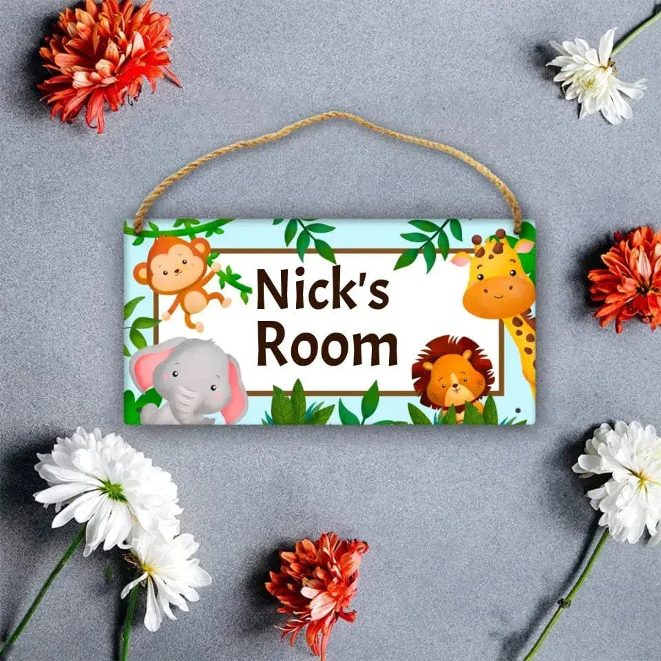Personalized Name Baby Blue Jungle Animals Door Sign - Joliny