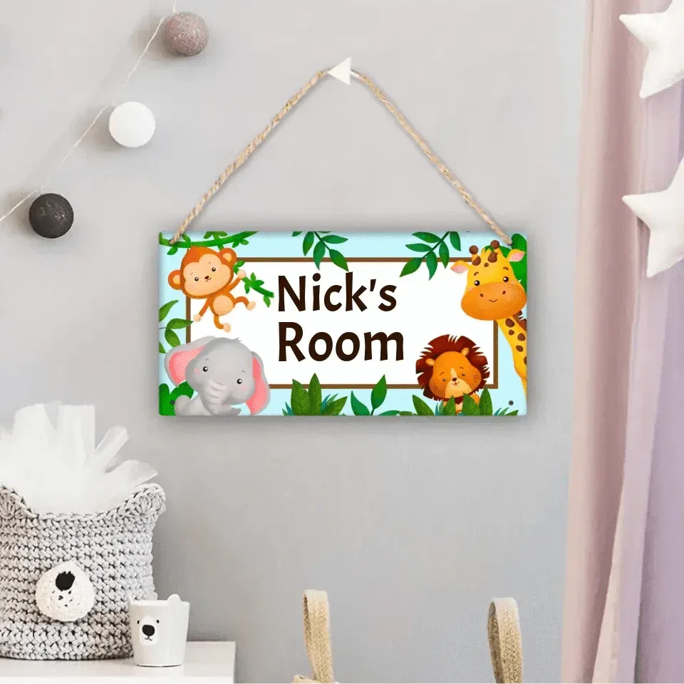 Personalized Name Baby Blue Jungle Animals Door Sign - Joliny