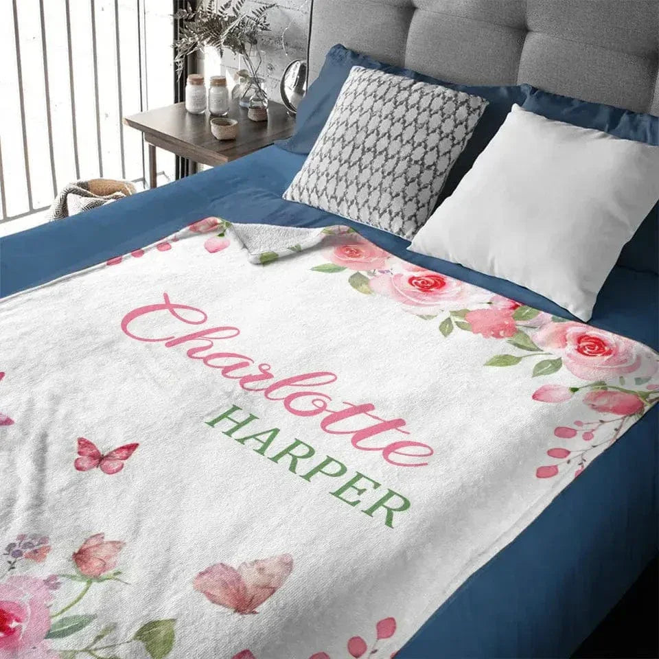 Personalized Name Pink Flower Blanket - Joliny