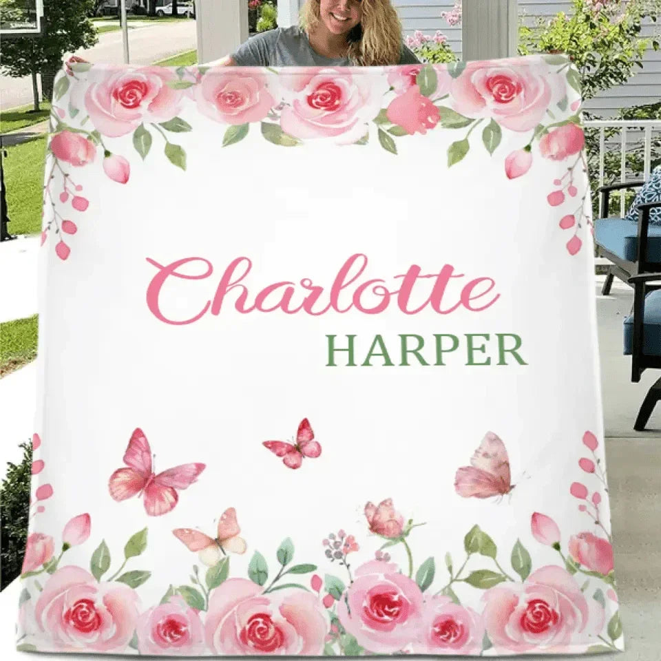 Personalized Name Pink Flower Blanket - Joliny