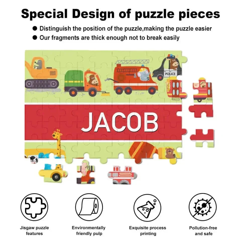 Personalized Name Puzzle for Kids, Animals Trucks - Joliny