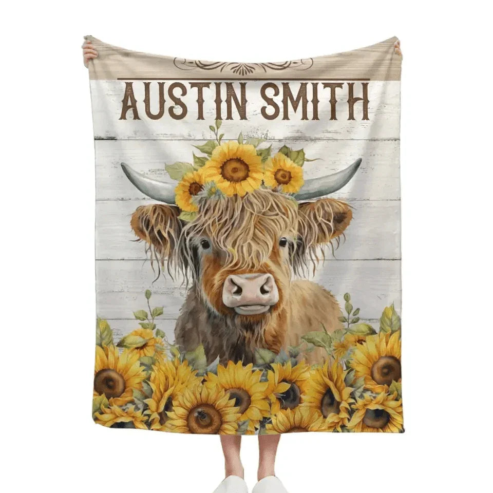Personalized Name Sunflower Highland Cow Blanket - Gift For Baby Child Family Member - Joliny