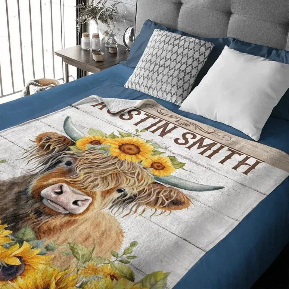 Personalized Name Sunflower Highland Cow Blanket - Gift For Baby Child Family Member - Joliny