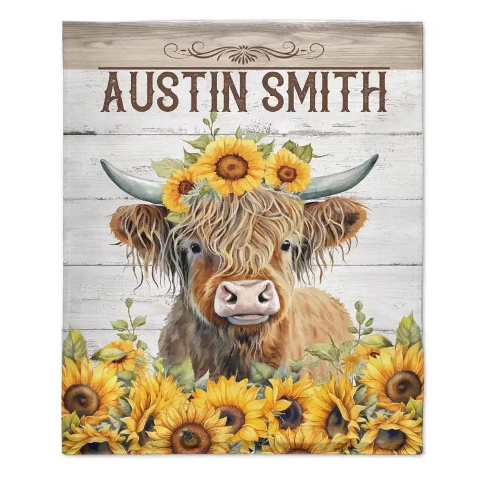 Personalized Name Sunflower Highland Cow Blanket - Gift For Baby Child Family Member - Joliny