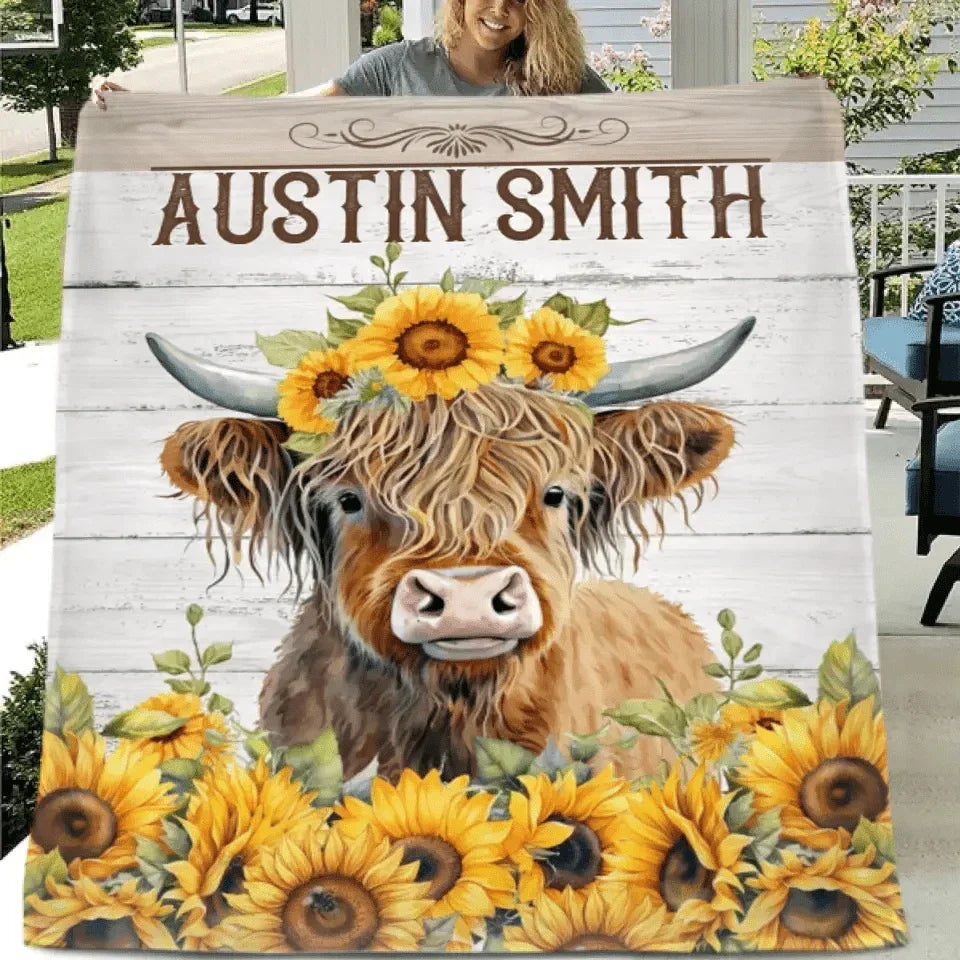 Personalized Name Sunflower Highland Cow Blanket - Gift For Baby Child Family Member - Joliny