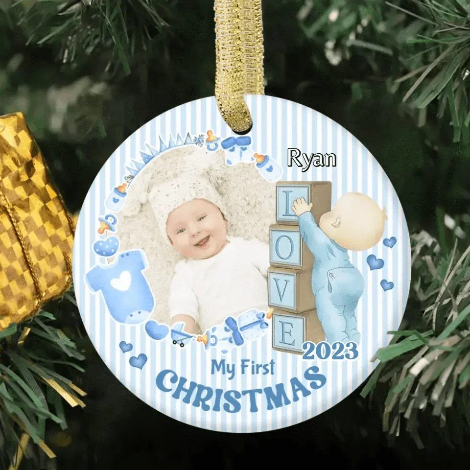 Personalized Newborn Gift Baby First Xmas Photo Ceramic Circle Ornament - Joliny