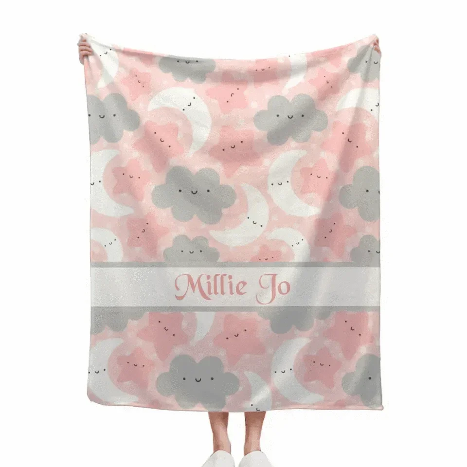 Personalized Pink Blue Moon Stars Clouds Baby Blanket - Joliny