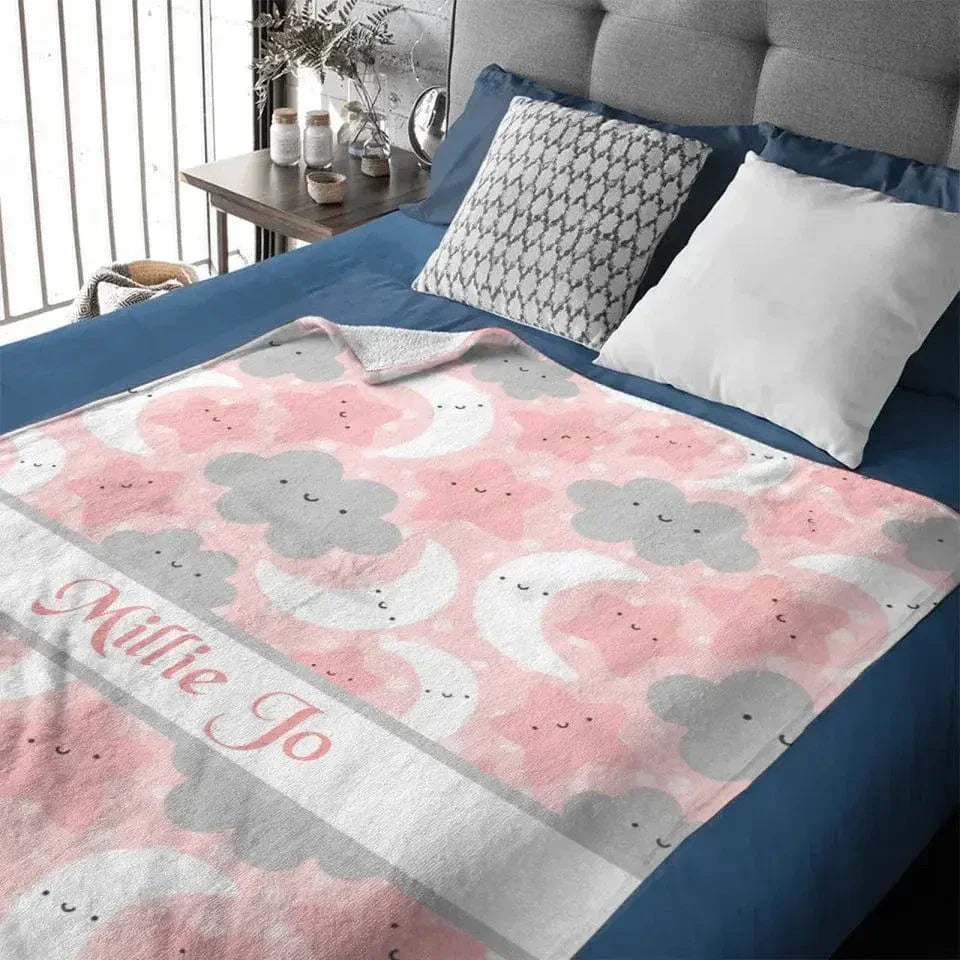 Personalized Pink Blue Moon Stars Clouds Baby Blanket - Joliny